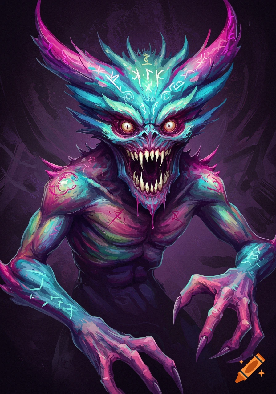 A colorful, scary monster with large eyes, sharp teeth, and claws.