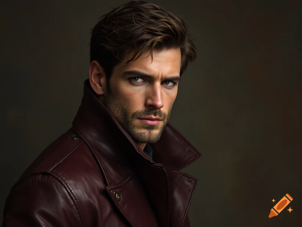 Realistic portrait of a man in a burgundy leather coat looking over his shoulder.
