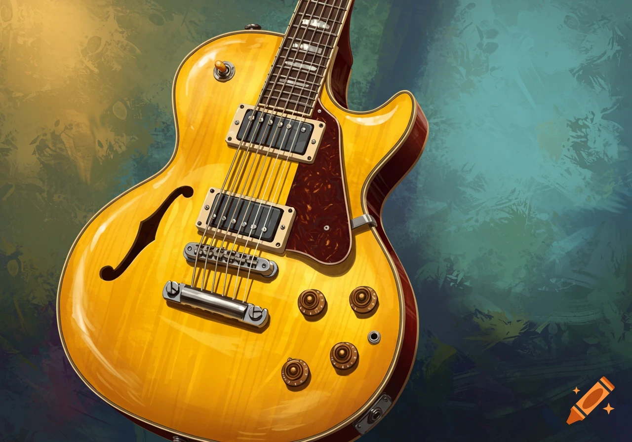 A detailed image of a yellow semi-hollow body electric guitar against a textured background.