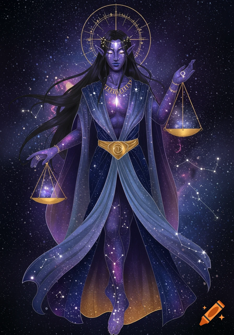Celestial figure representing Libra, holding scales in a starry galaxy.