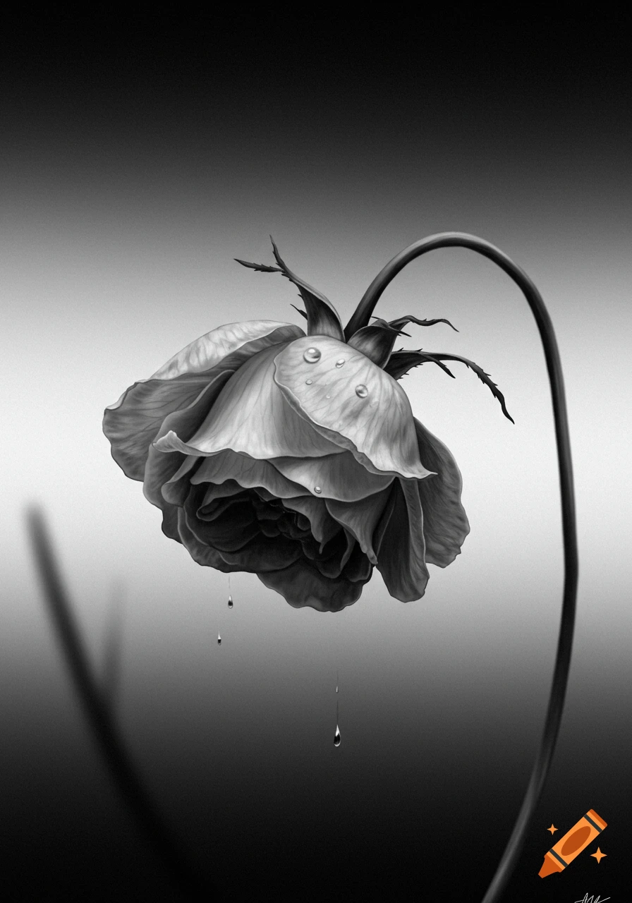 A black and white image of a drooping rose with water droplets dripping from its petals.