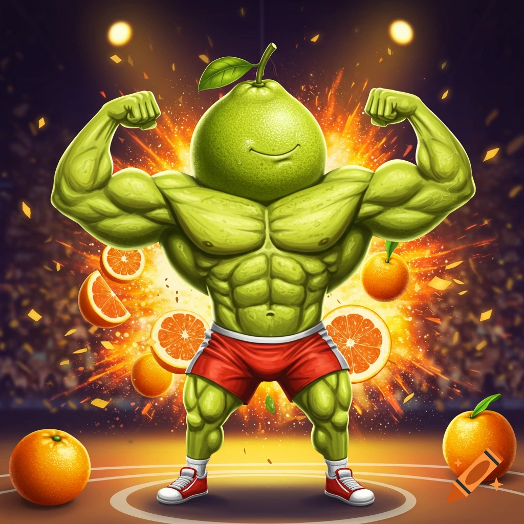 A muscular, green pomelo character flexes in a wrestling ring with oranges exploding around it.