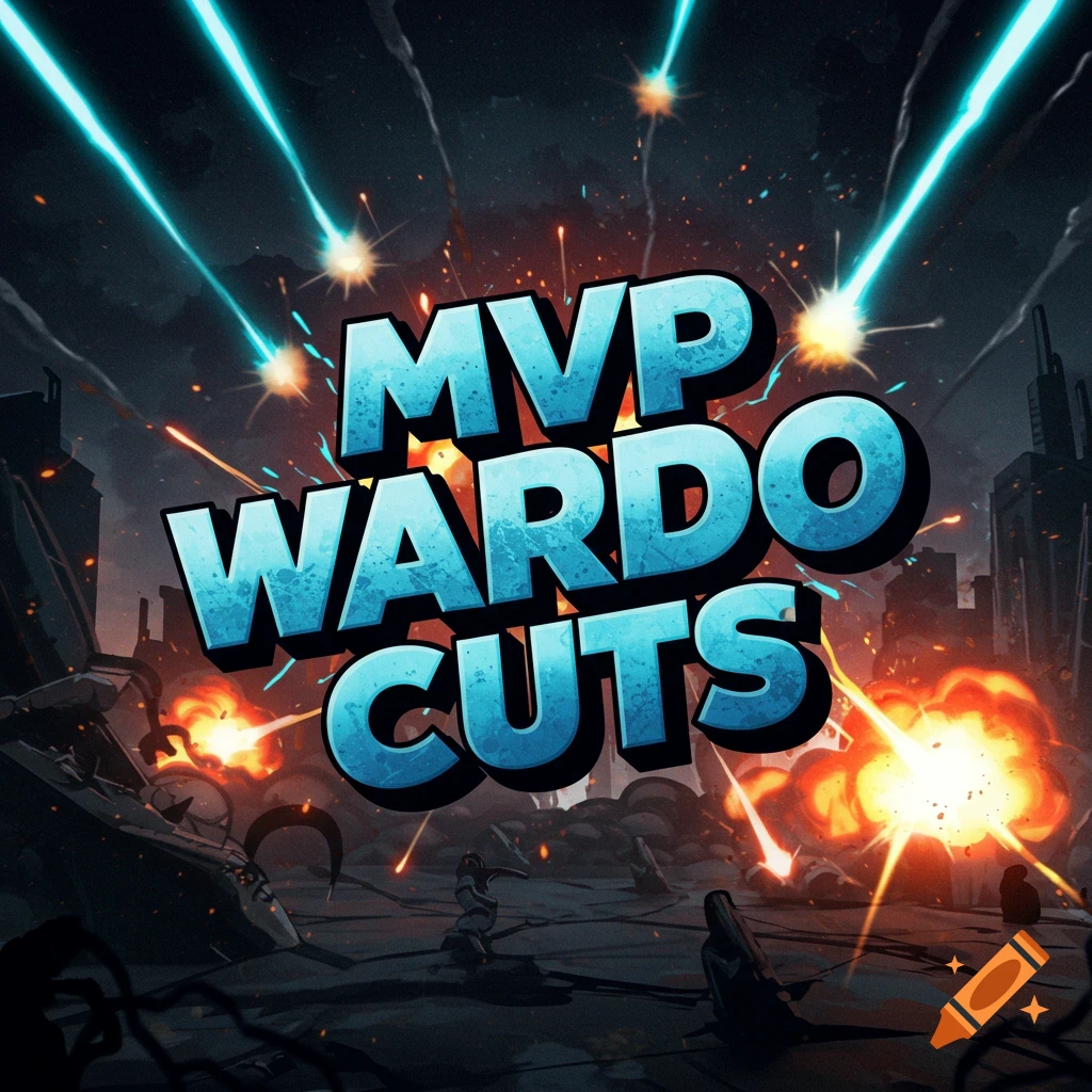 Stylized text "MVP WARDO CUTS" over a destroyed city scene with explosions and lasers in a comic book style.