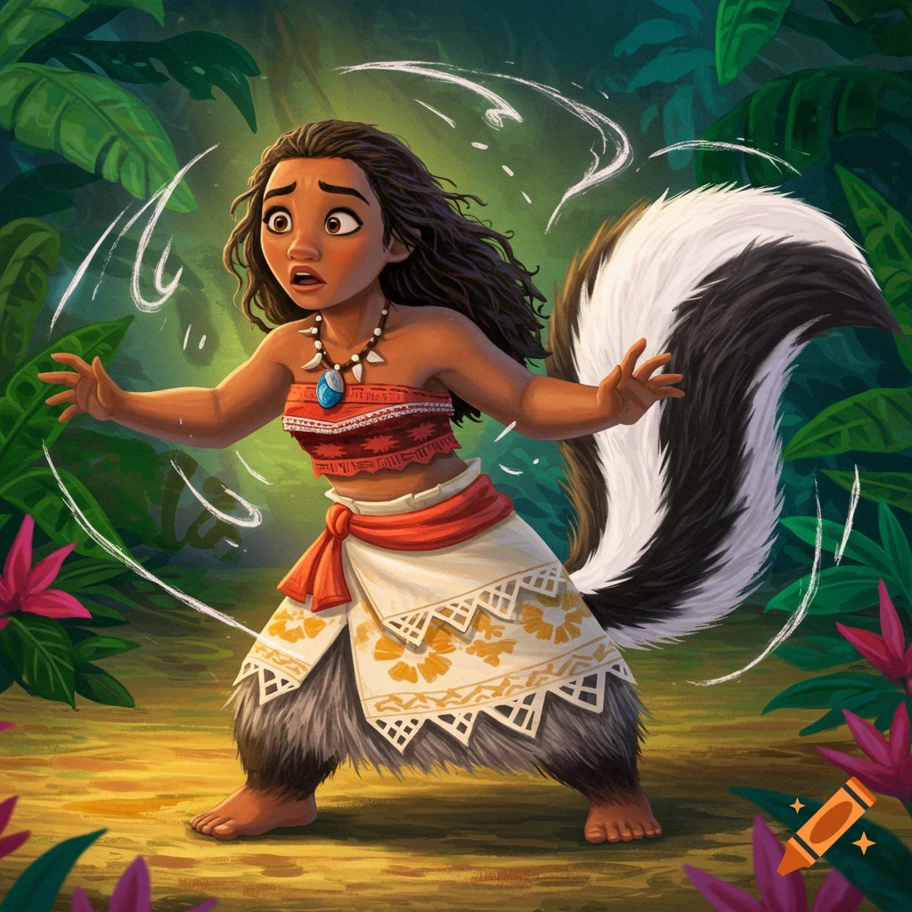 Moana with skunk legs and tail, looking startled in a jungle.