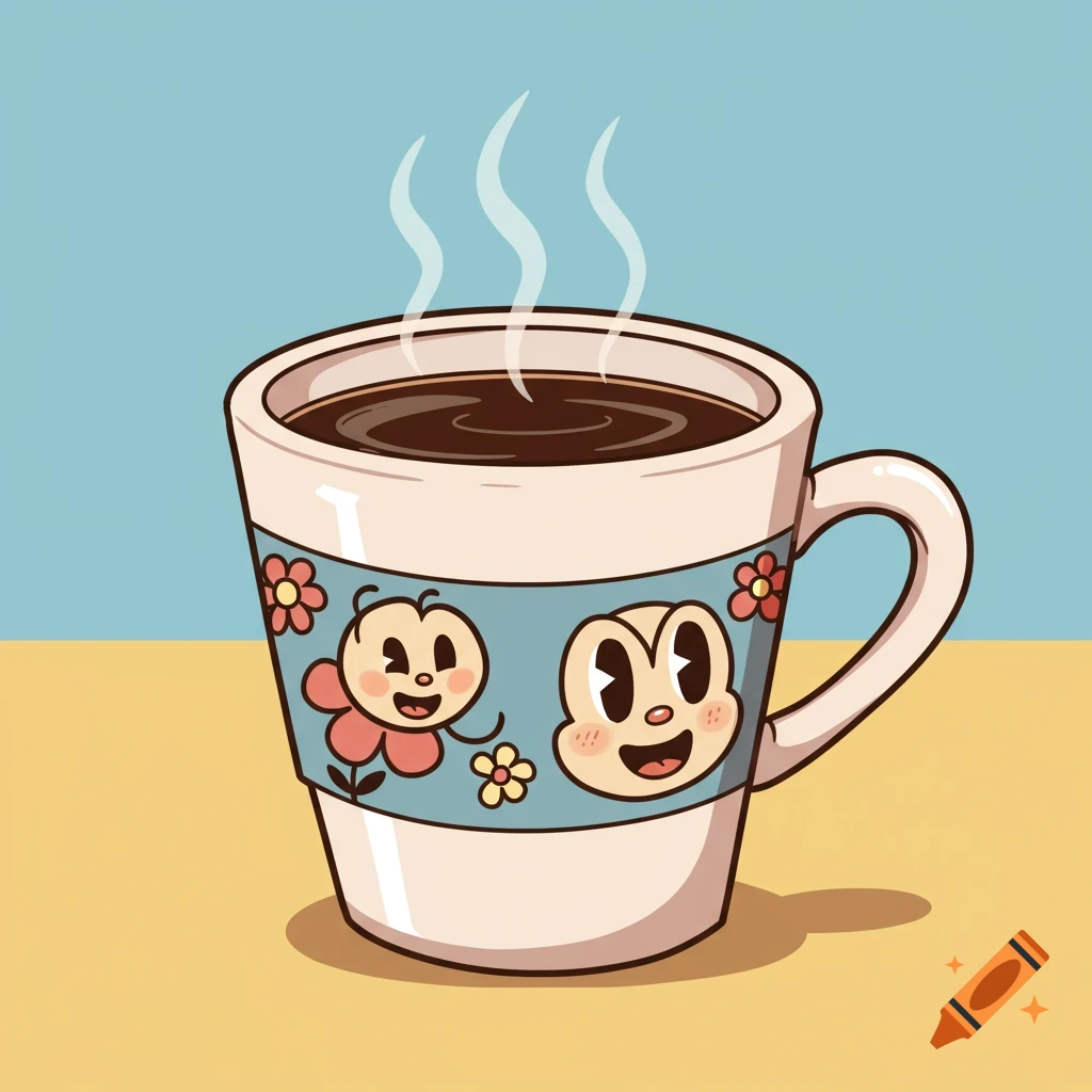 A steaming cartoon coffee cup with two vintage characters and flowers on a band.