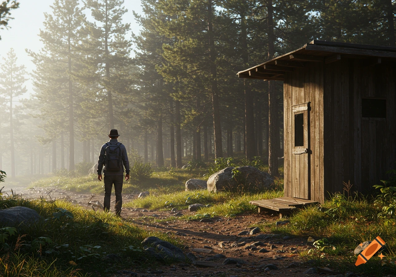 A person with a backpack stands on a path looking into a misty forest with a small wooden building to the right.