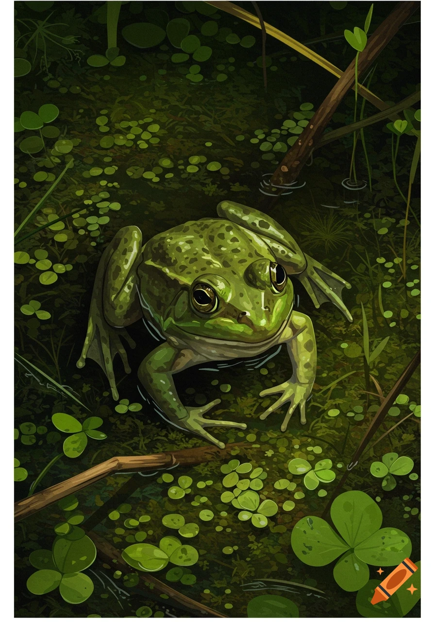A green frog sits in dark water among clover and sticks. on Craiyon