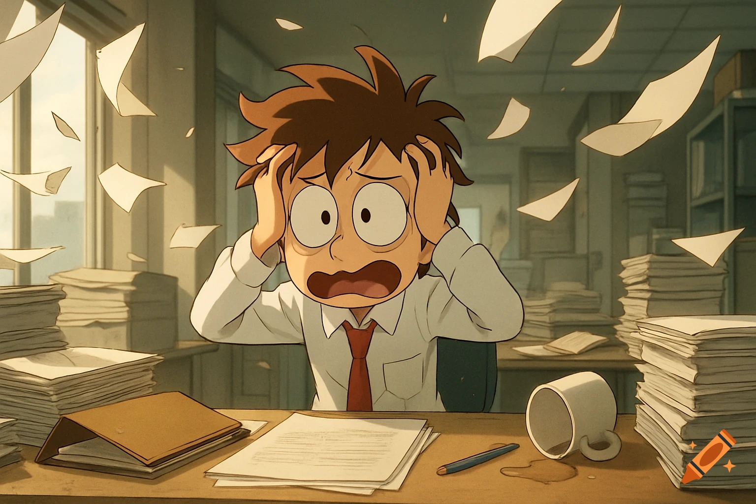 Anime style illustration of a stressed character in a messy office with papers flying.