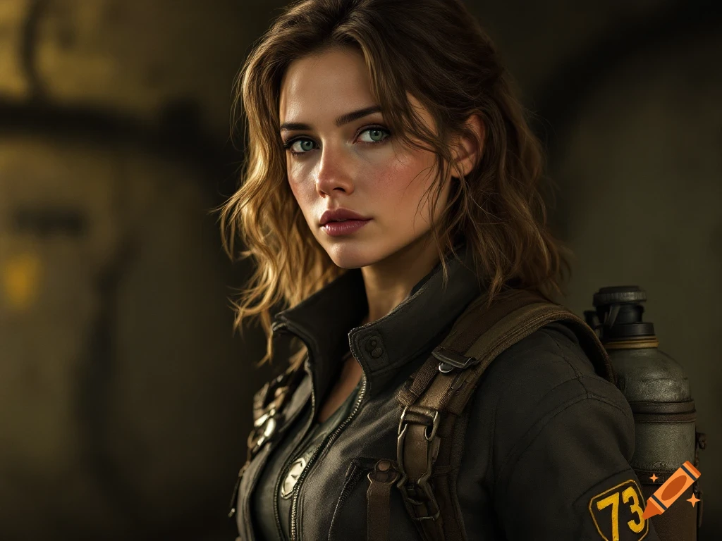 Photorealistic portrait of a female vault dweller in a bomber jacket and backpack.