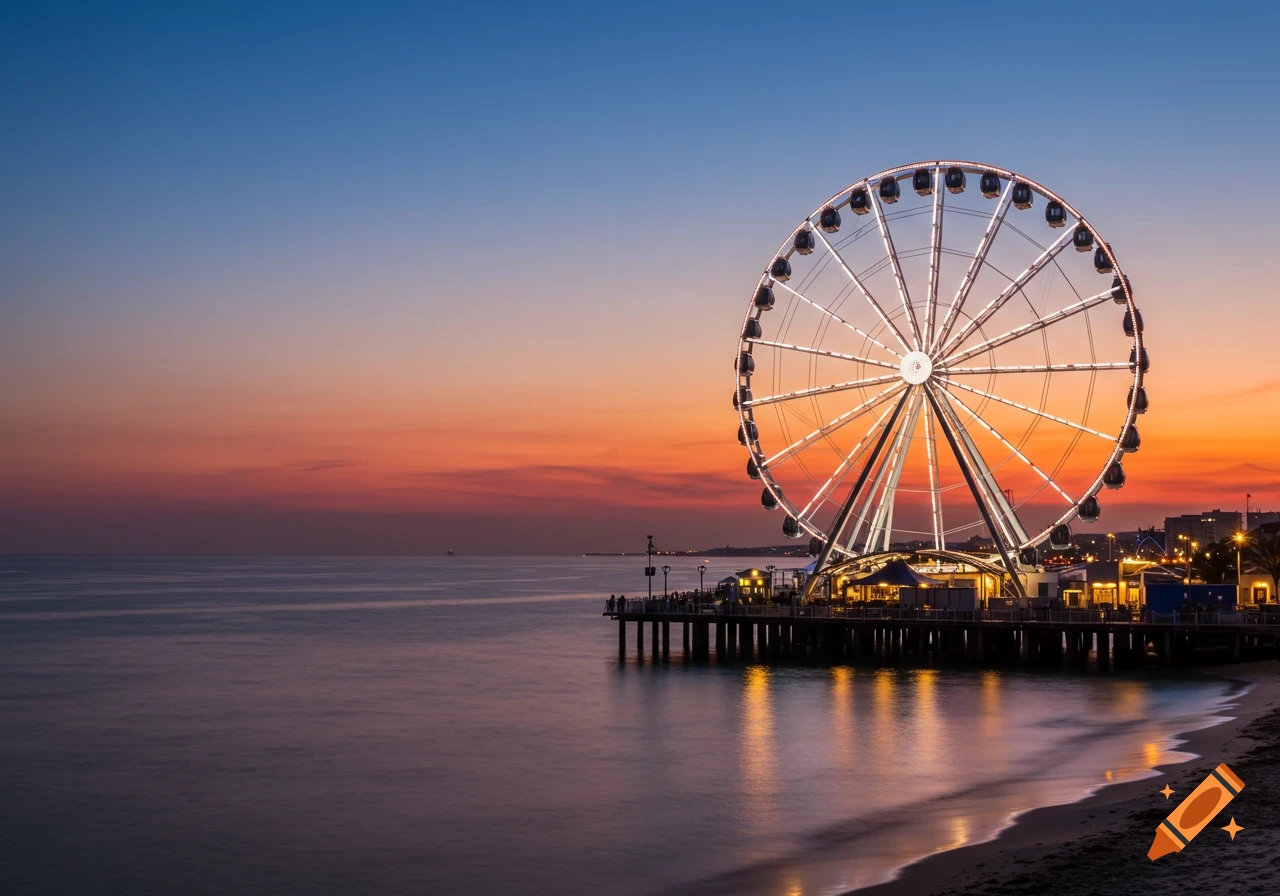 A large Ferris wheel illuminated by lights on a pier over the ocean at sunset.