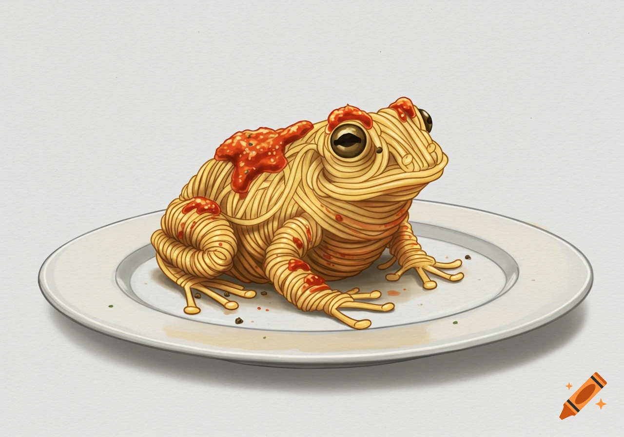 A frog made of spaghetti sitting on a white plate.