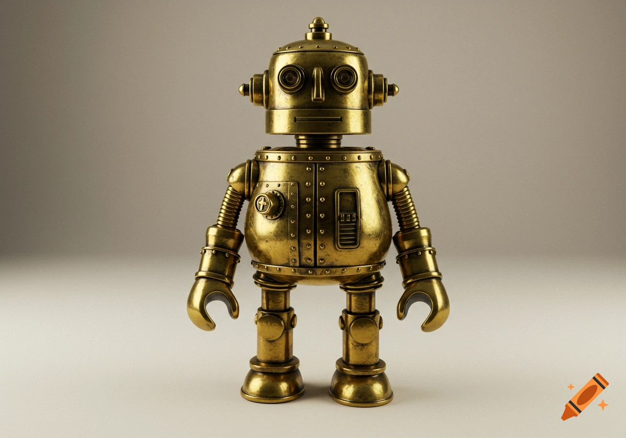 A short, golden brass robot standing.