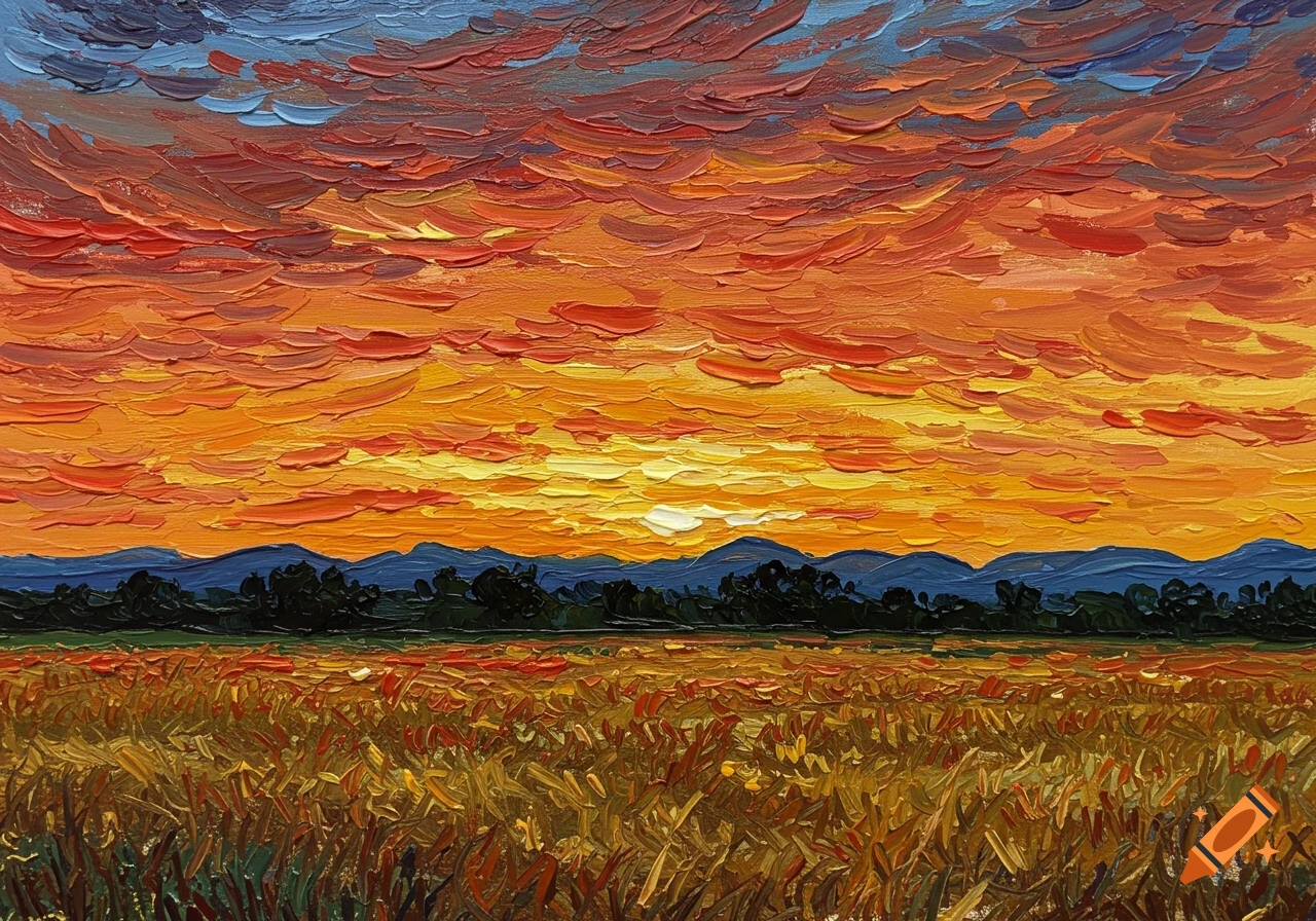 A vibrant sunset painting in Van Gogh's impasto style over a field, trees, and mountains.
