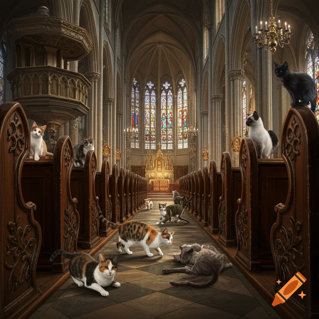 Many cats inside a large church