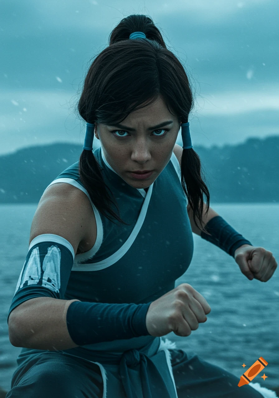 A person dressed as Korra from The Legend of Korra in a bending stance by the water with snow falling.