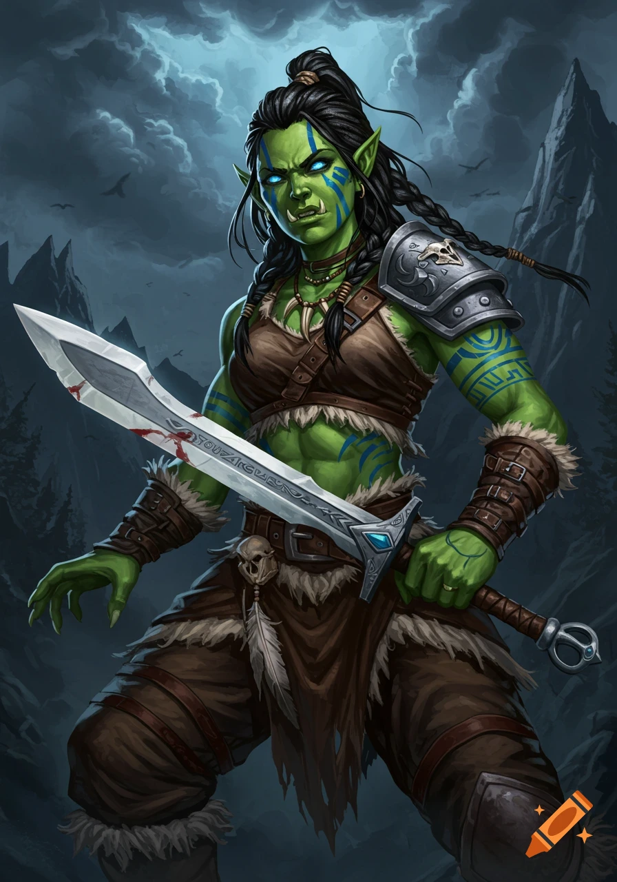 Image of a female half-orc barbarian with war paint, holding a sword, in a mountain landscape.