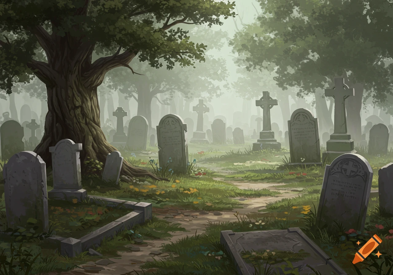 A misty graveyard with tombstones and a large tree.