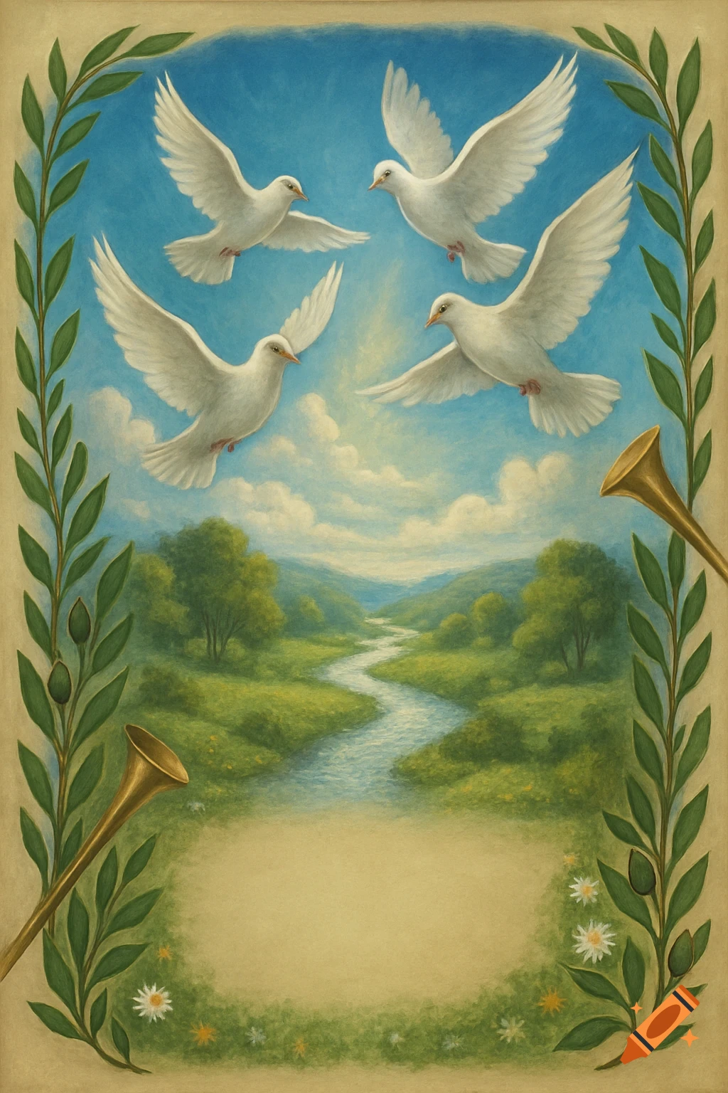 White doves flying over a river and landscape, framed by olive branches and trumpets.