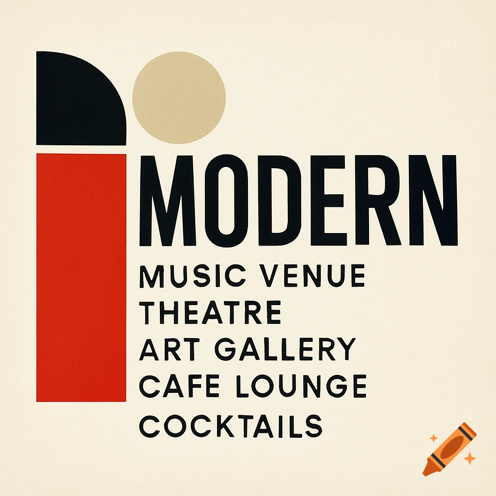 Bauhaus style branding with geometric shapes and text 'MODERN MUSIC VENUE THEATRE ART GALLERY CAFE LOUNGE COCKTAILS'.