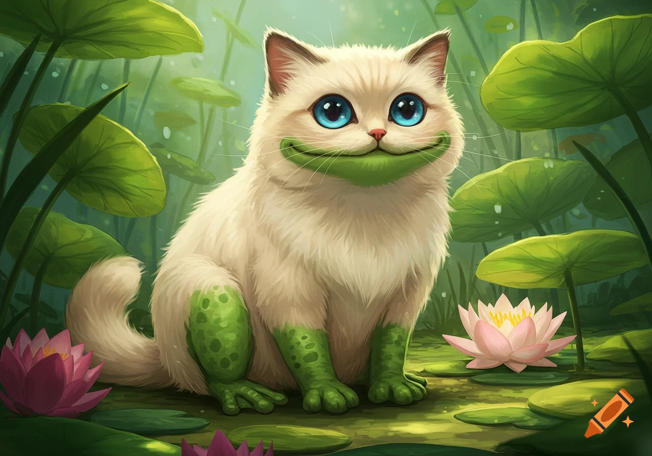 A cat-frog hybrid is sitting in a pond filled with lily pads and water lilies.