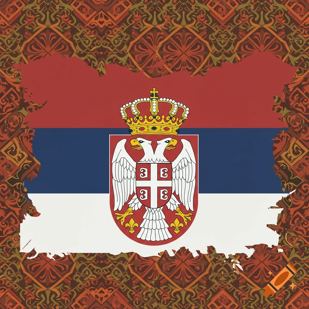 Serbian flag and coat of arms with a decorative geometric pattern border.