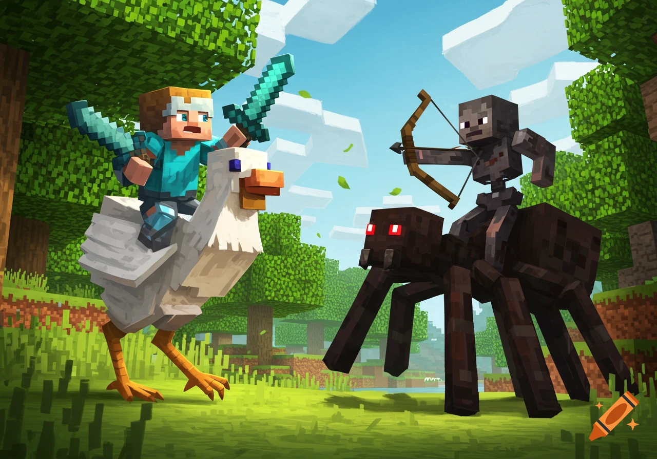 Minecraft player on chicken fights spider jockey with swords and bow in blocky landscape.