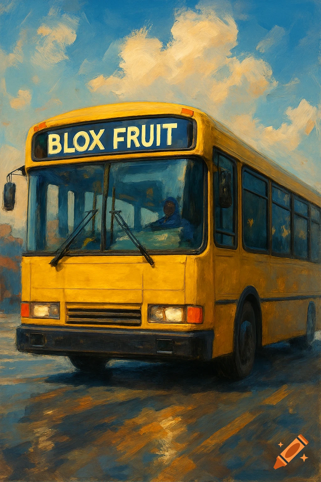 A yellow bus with 'BLOX FRUIT' on its sign.