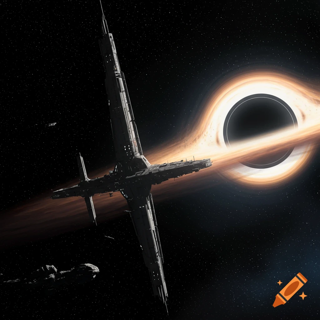 A large space station near a glowing black hole in space.