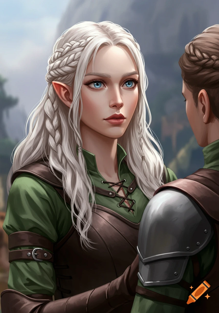 Digital art of an elf woman with white braided hair and blue eyes in fantasy armor looking at another person.