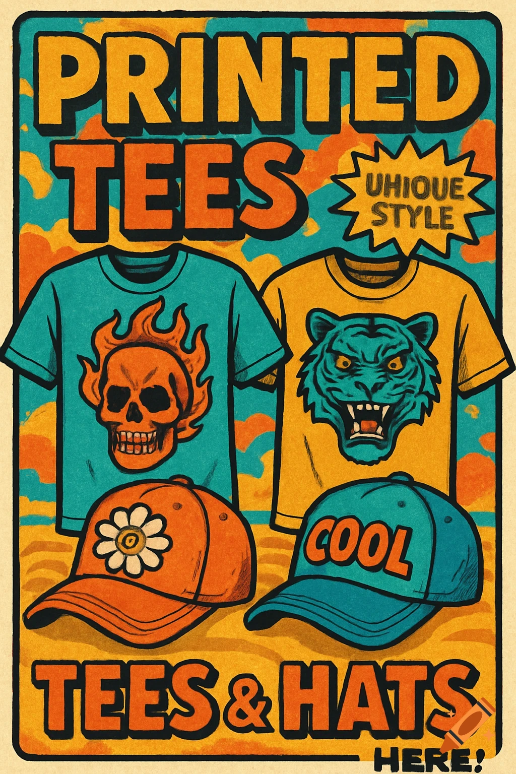 Vintage style poster advertising printed tees and hats with skull, tiger, and flower designs.