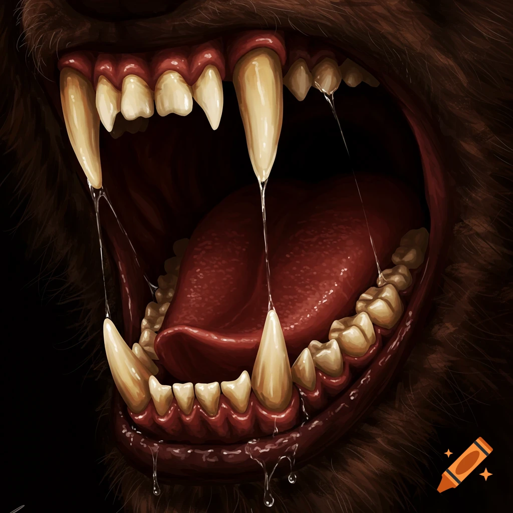 Close-up of a werewolf's open mouth with sharp fangs and dripping saliva.