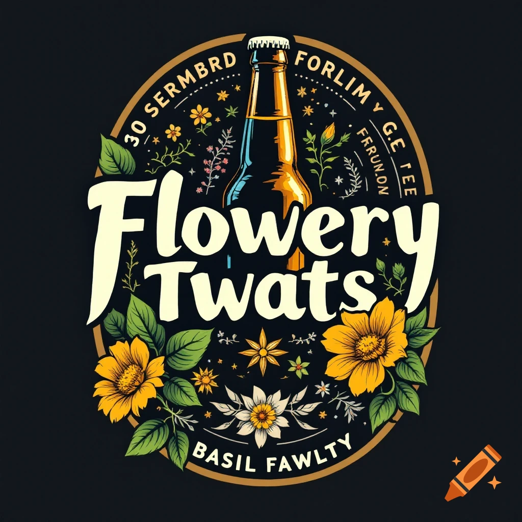 Logo for Flowery Twats beer with a bottle, yellow and white flowers, and text including Basil Fawlty.