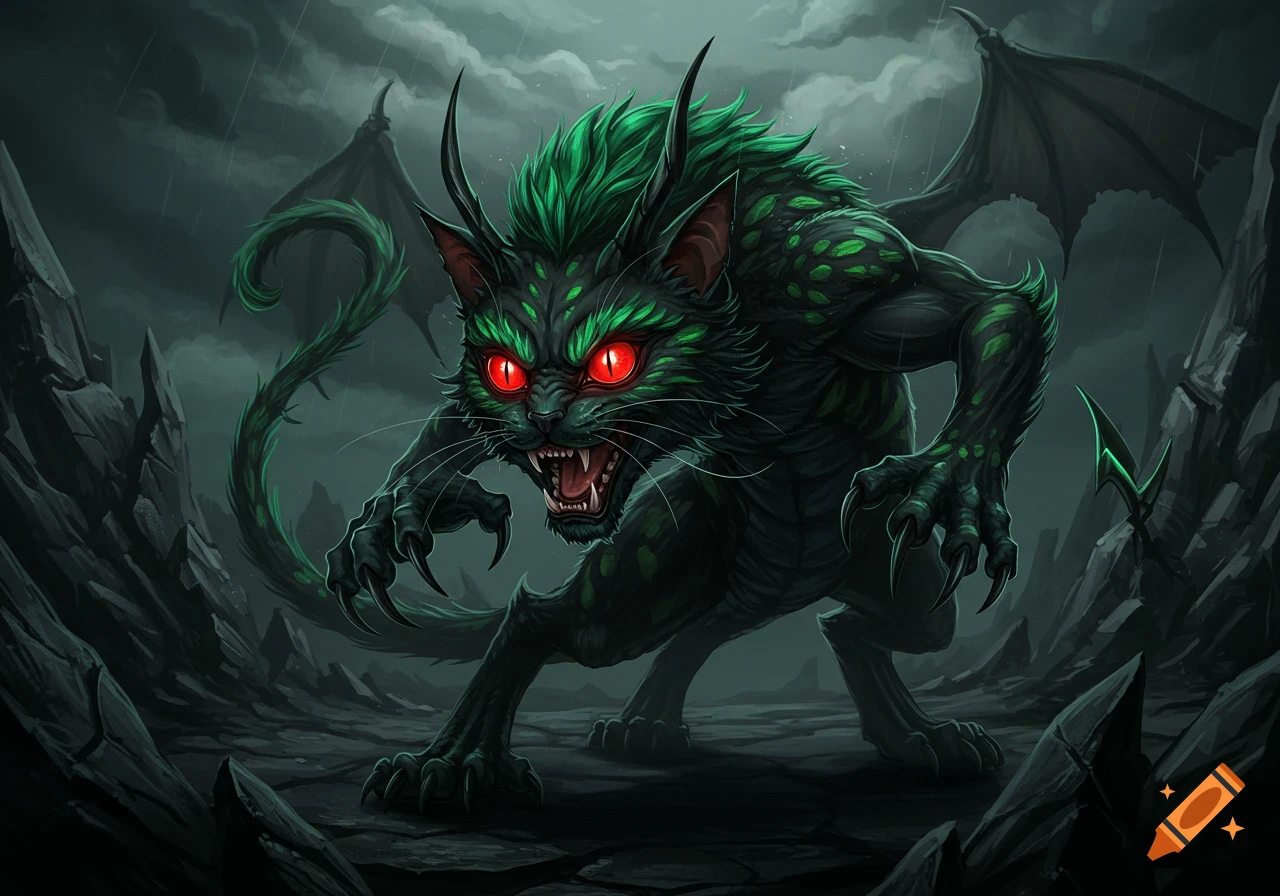 Scary cat-dragon creature with red eyes and wings in a stormy landscape.