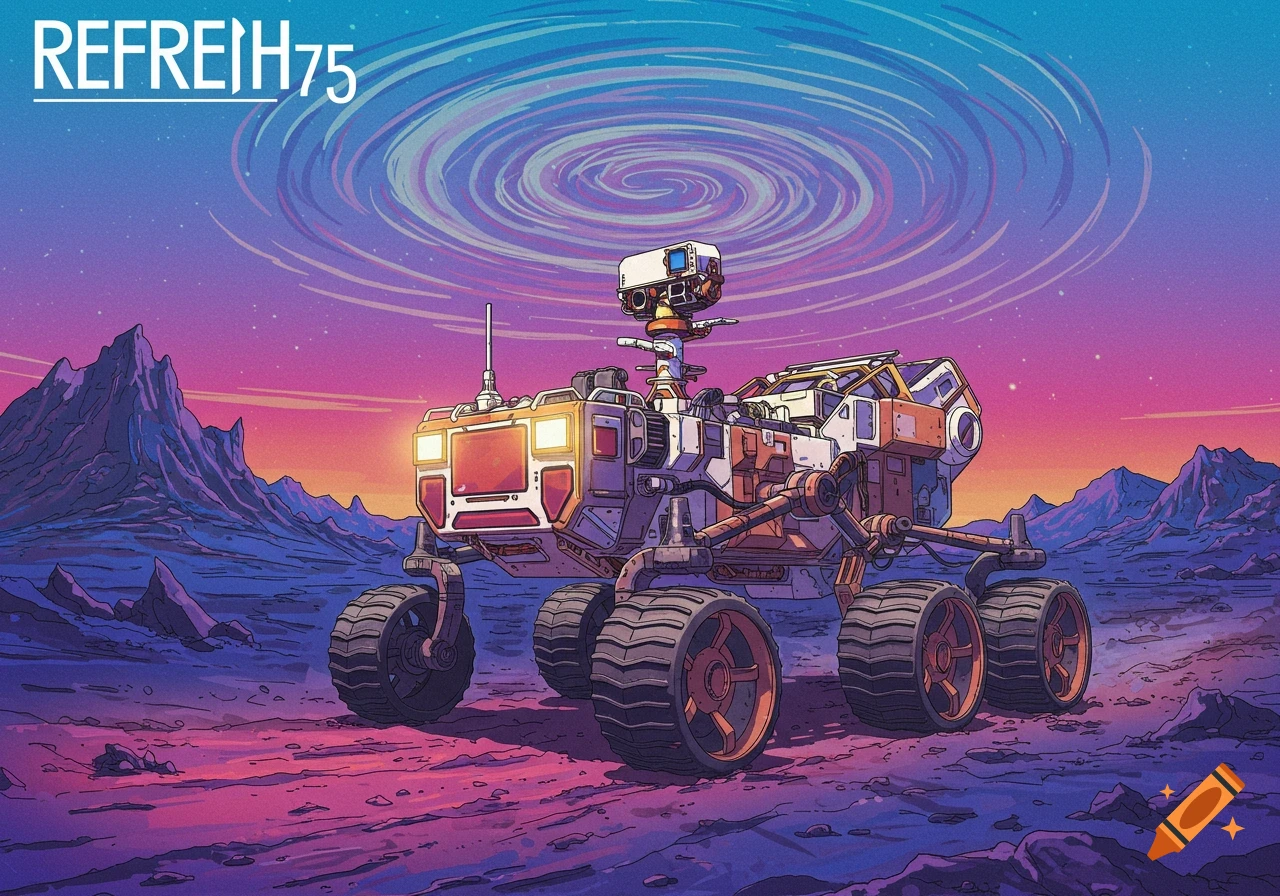 A futuristic rover on a planet with mountains and a spiral sky.
