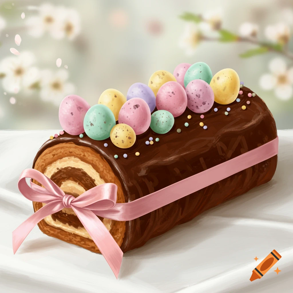 A chocolate log cake decorated with speckled pastel Easter eggs and a pink ribbon on a white surface.
