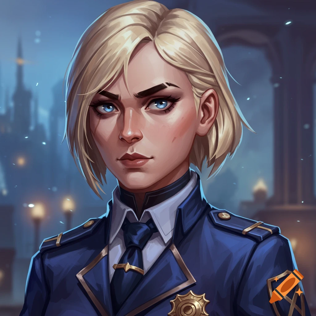 Portrait of a blonde woman in a blue police uniform.