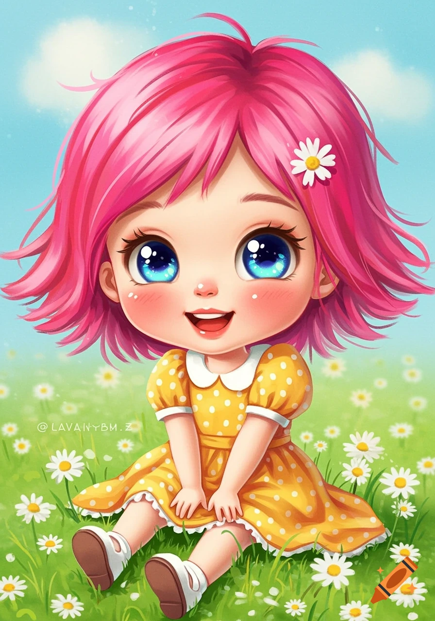 A cute cartoon girl with pink hair and a yellow polka dot dress sits in a field of daisies.
