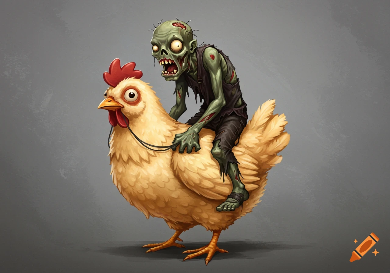 A zombie riding a chicken.
