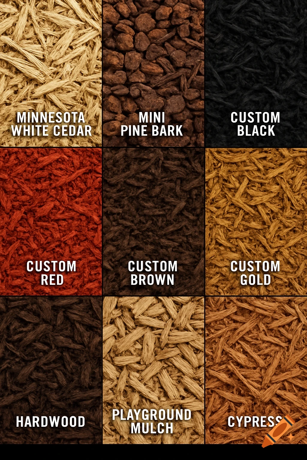 Grid of nine squares showing different types of mulch with labels.