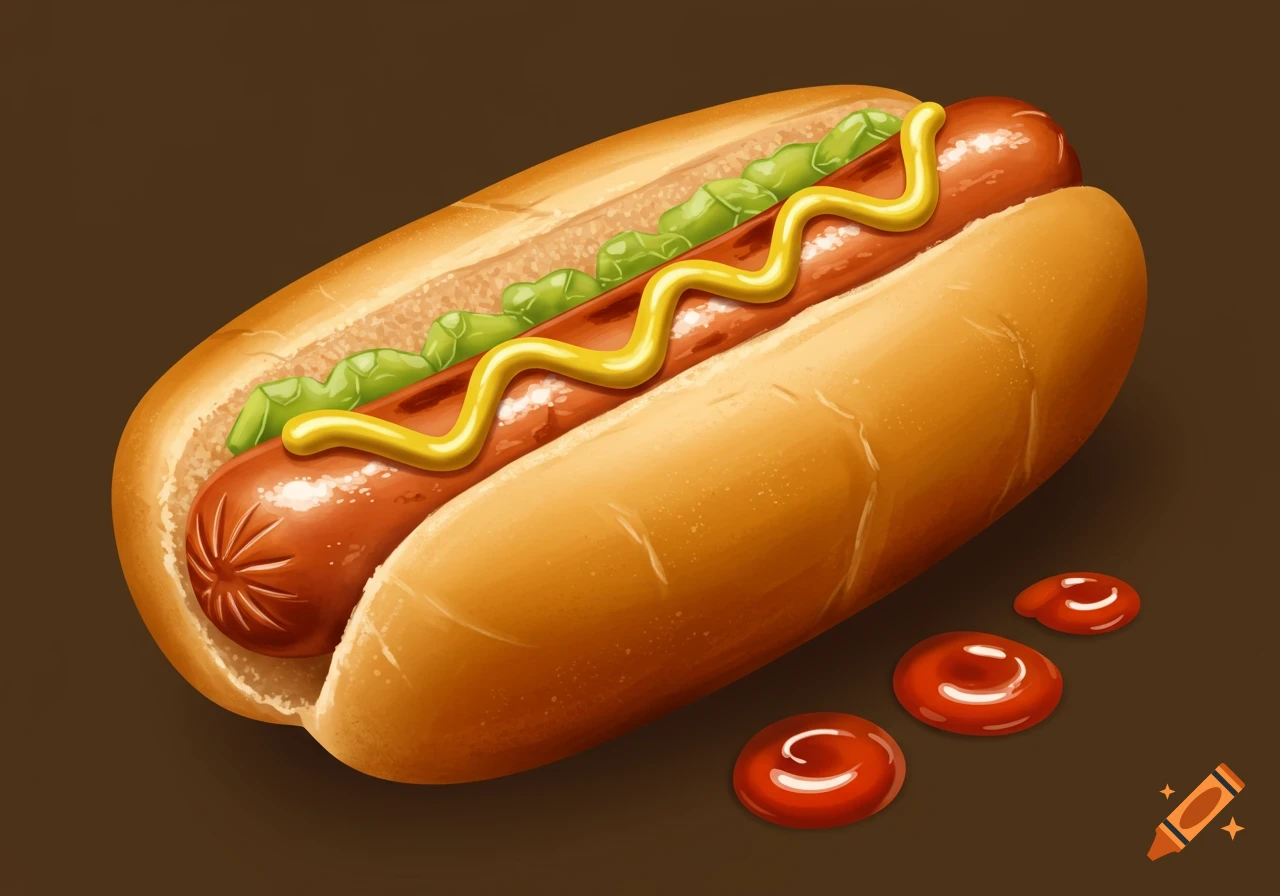 A hotdog with mustard and relish, with drops of ketchup nearby