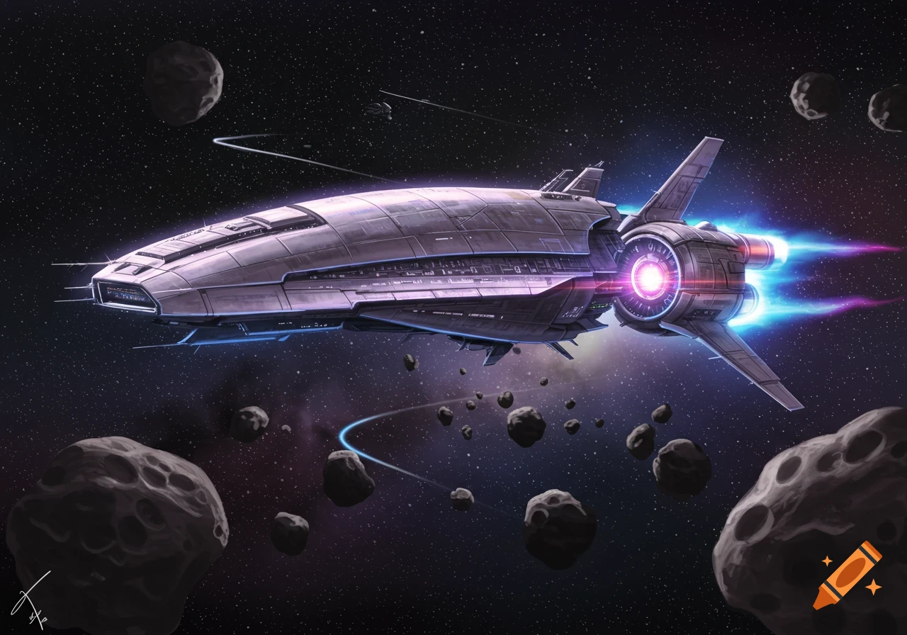 A large spaceship flies through an asteroid field in deep space.