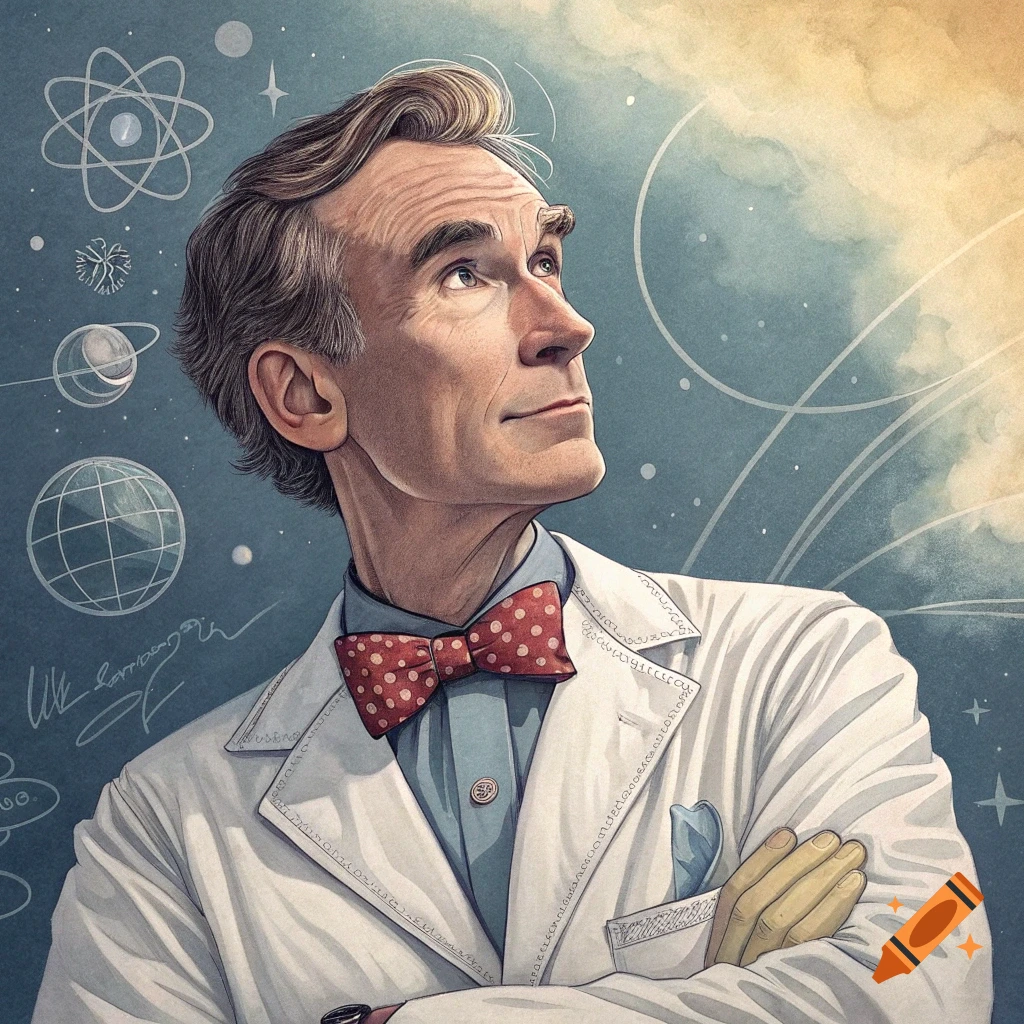 Illustration of a man in a lab coat and bow tie looking up, with science diagrams in the background.