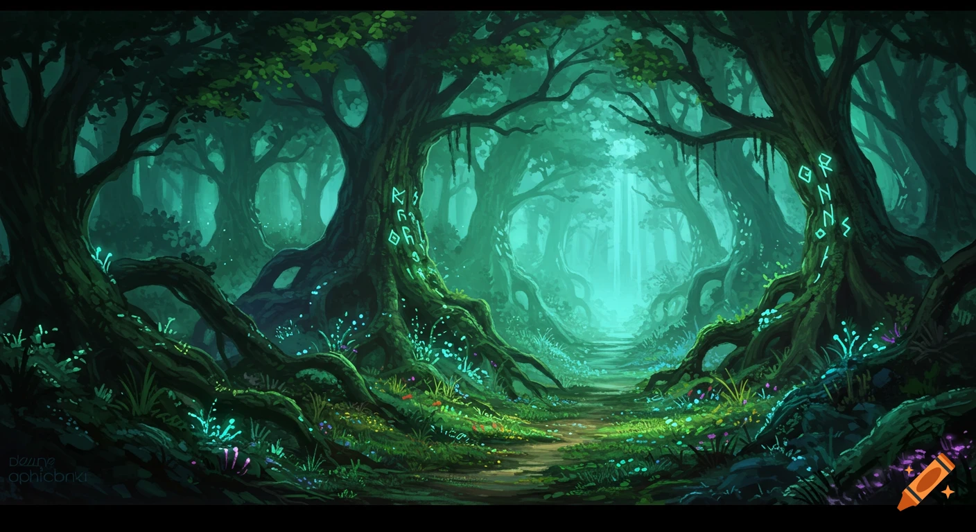 A path winds through a lush, glowing enchanted forest with thick trees and magical plants.
