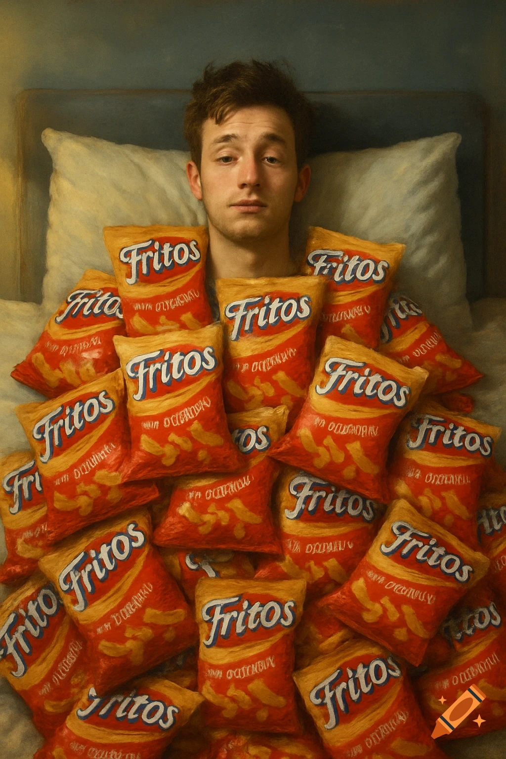 A young man is lying in bed, covered in bags of Fritos chips.