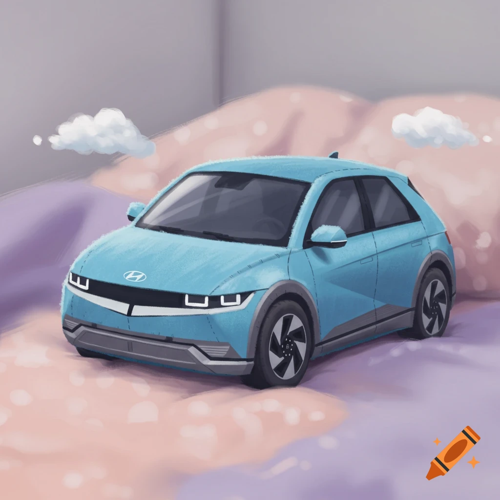 A blue Hyundai Ioniq 5 plushie in a pastel setting.