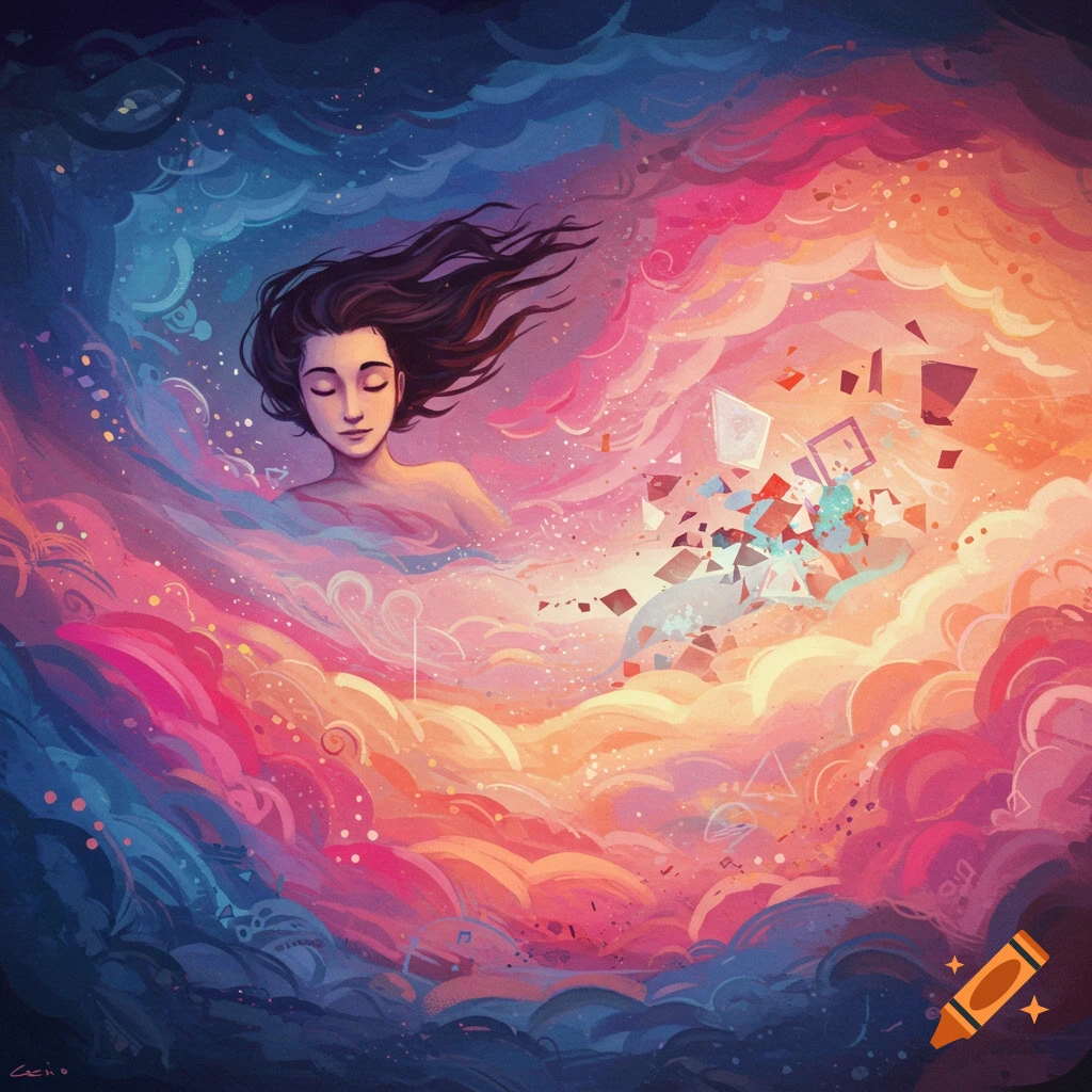 Abstract illustration of a person surrounded by swirling colorful clouds and breaking geometric shapes.