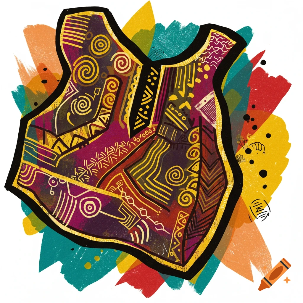 A stylized garment with colorful African-inspired patterns and brush strokes.