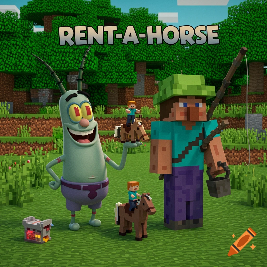 Plankton and Minecraft Steve pose with small figures riding horses in a Minecraft world, text reads "RENT-A-HORSE".