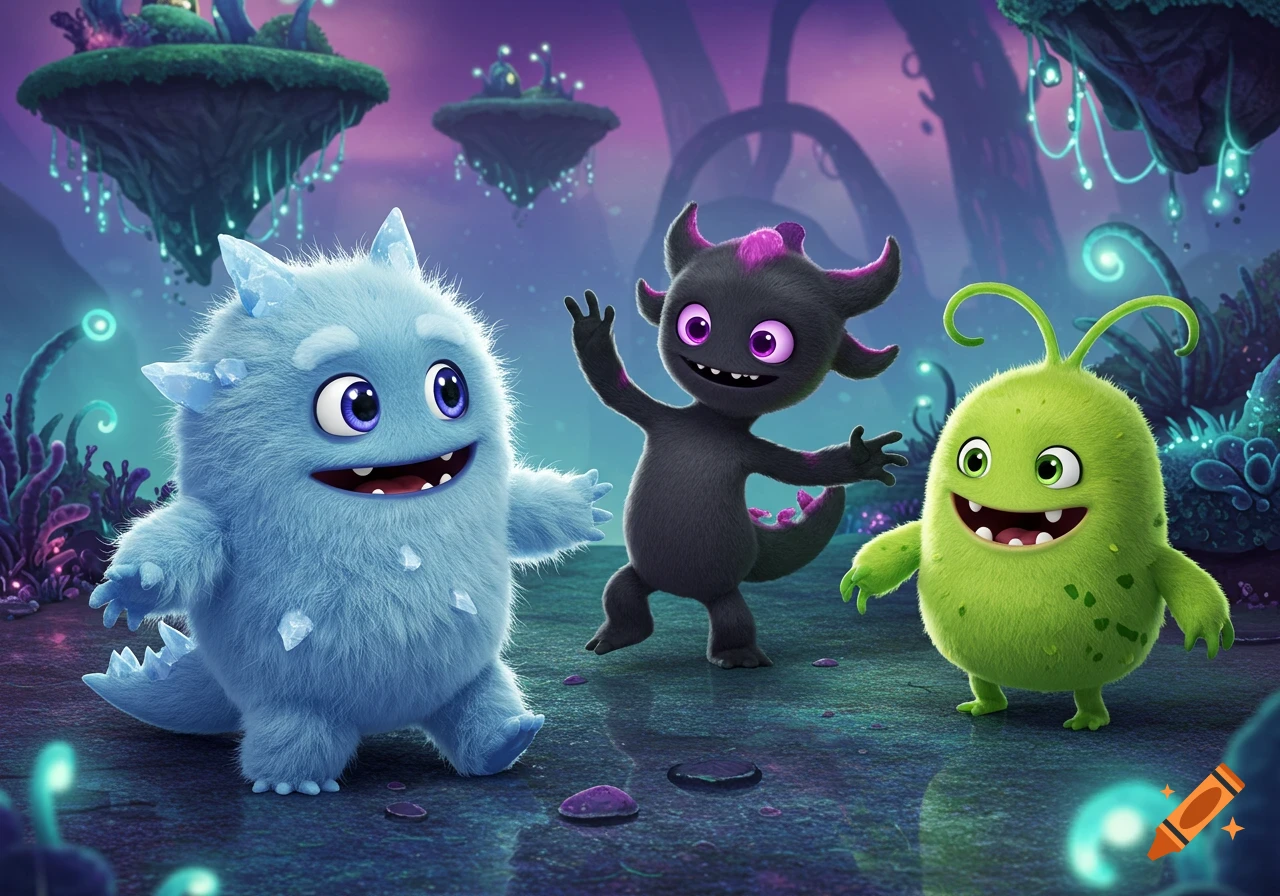 Three colorful cartoon monsters in a glowing fantasy alien landscape with floating islands.