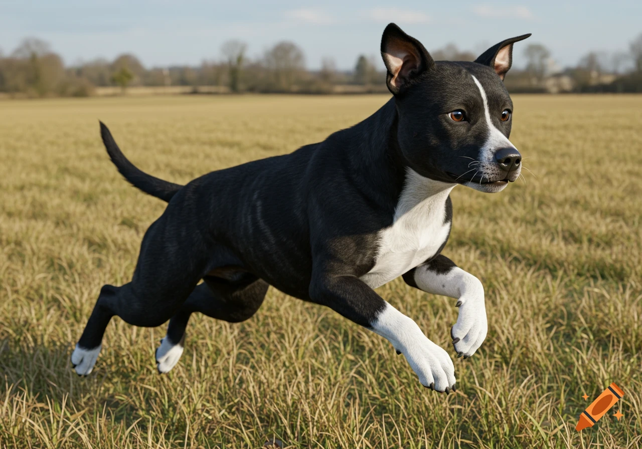 A black and white dog jumps in a sunny grassy field.